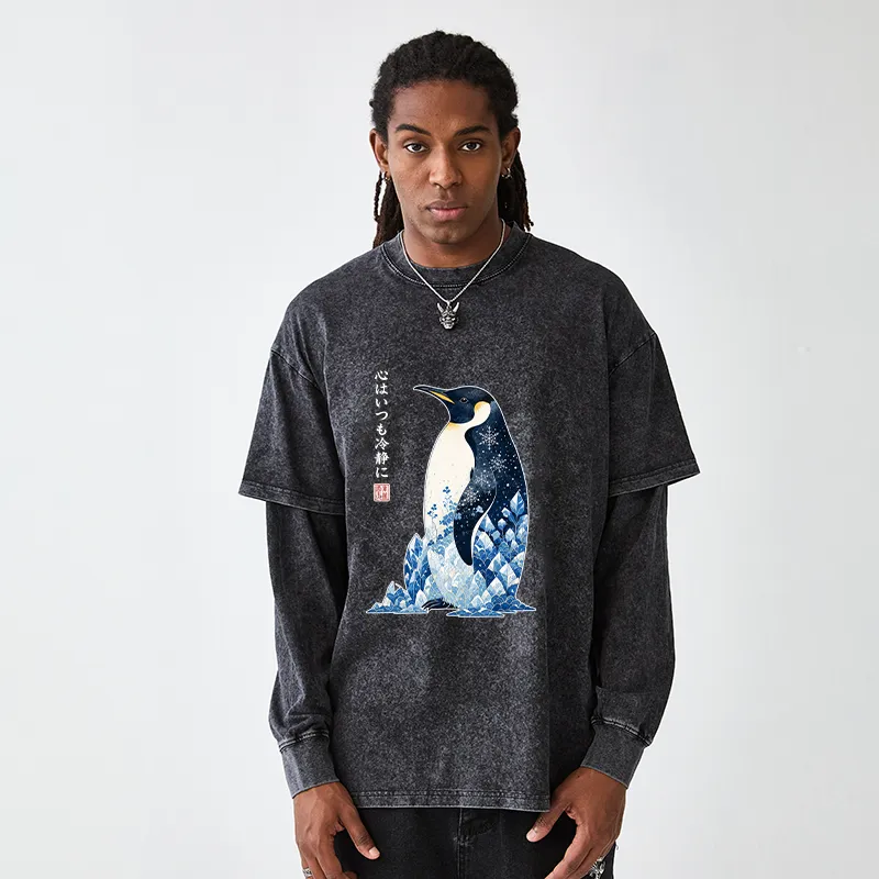 Tokyo-Tiger Keep Calm Penguin Washed Double Layer T-Shirt