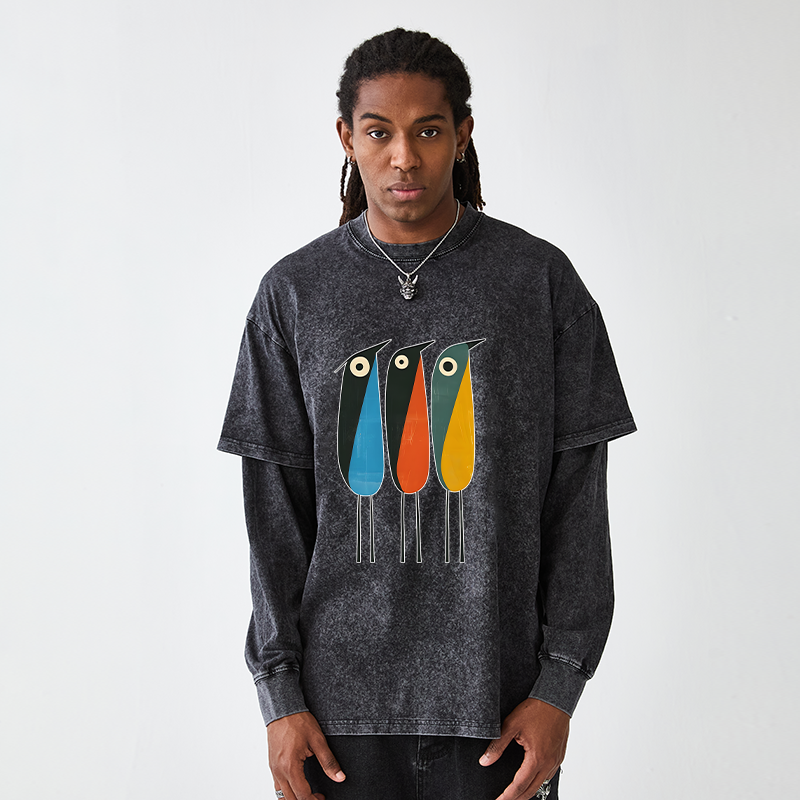 Tokyo-Tiger Bold Shape Birds Washed Double Layer T-Shirt