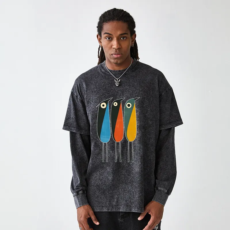 Tokyo-Tiger Bold Shape Birds Washed Double Layer T-Shirt