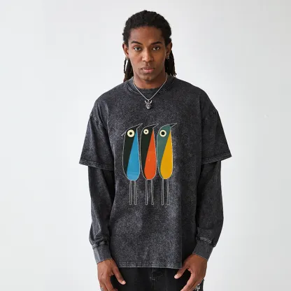 Tokyo-Tiger Bold Shape Birds Washed Double Layer T-Shirt