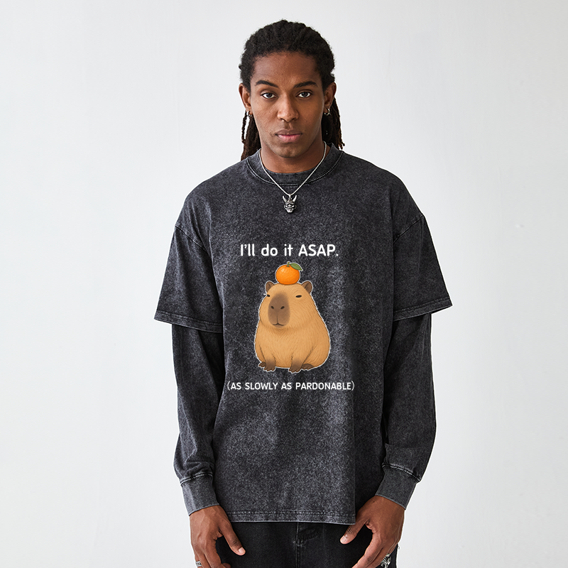 Tokyo-Tiger Slow Task Capybara Meme Washed Double Layer T-Shirt