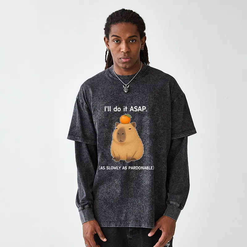 Tokyo-Tiger Slow Task Capybara Meme Washed Double Layer T-Shirt