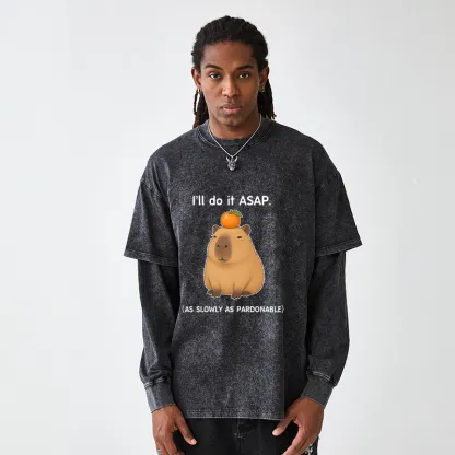 Tokyo-Tiger Slow Task Capybara Meme Washed Double Layer T-Shirt