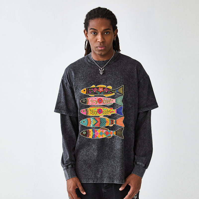 Tokyo-Tiger Colorful Patterned Fish Washed Double Layer T-Shirt