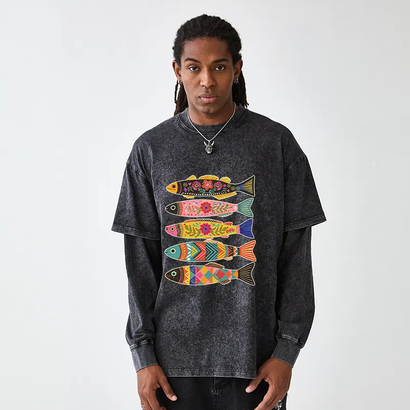 Tokyo-Tiger Colorful Patterned Fish Washed Double Layer T-Shirt