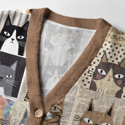 Tokyo-Tiger Retro Paper Collage Cat Ugly Cardigan Sweater