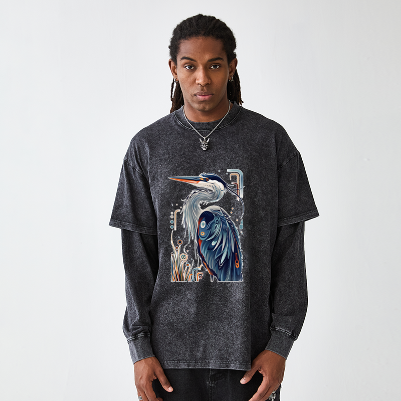 Tokyo-Tiger Stylish Blue Heron Washed Double Layer T-Shirt