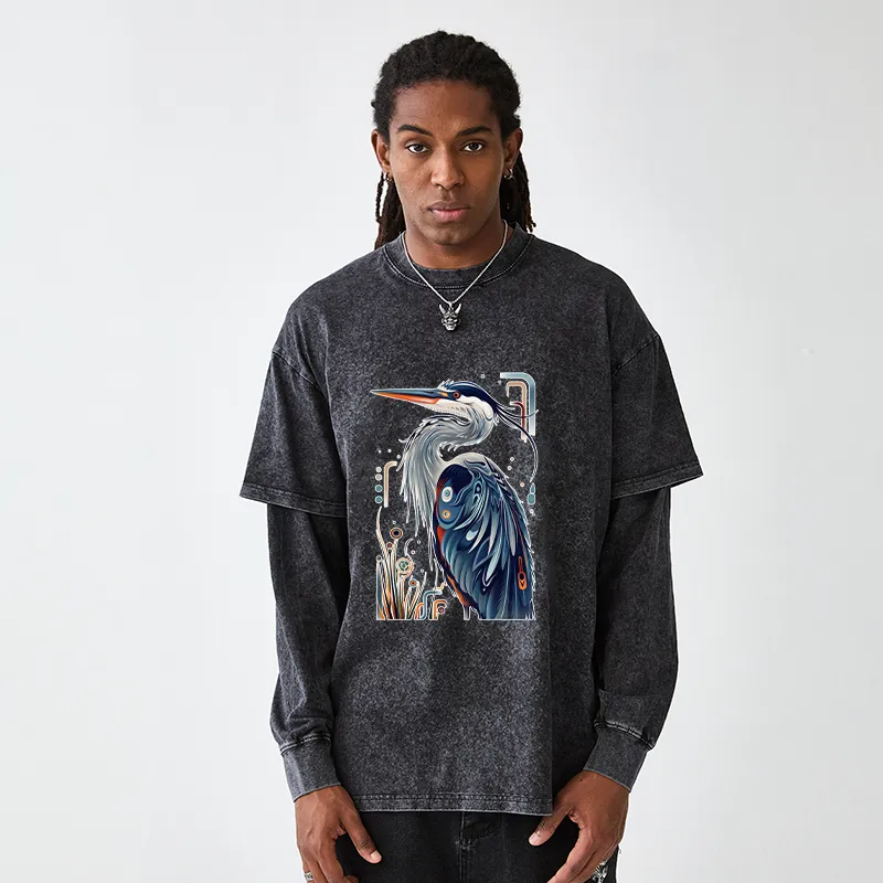 Tokyo-Tiger Stylish Blue Heron Washed Double Layer T-Shirt
