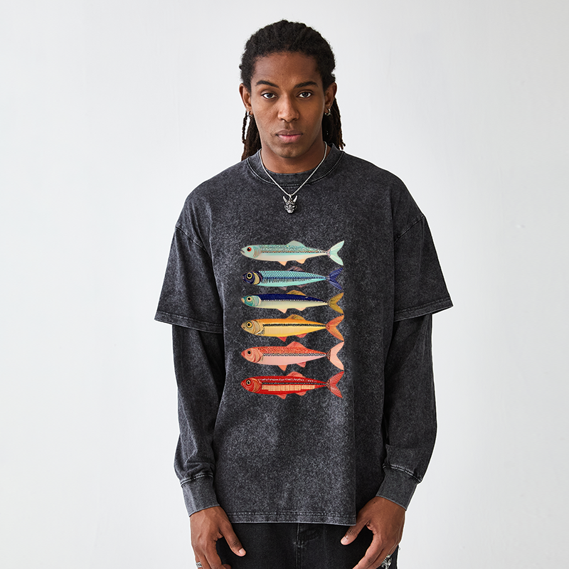 Tokyo-Tiger Colorful Fish Stack Washed Double Layer T-Shirt