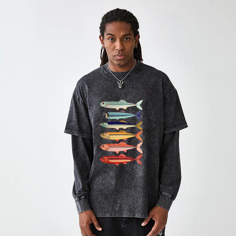 Tokyo-Tiger Colorful Fish Stack Washed Double Layer T-Shirt