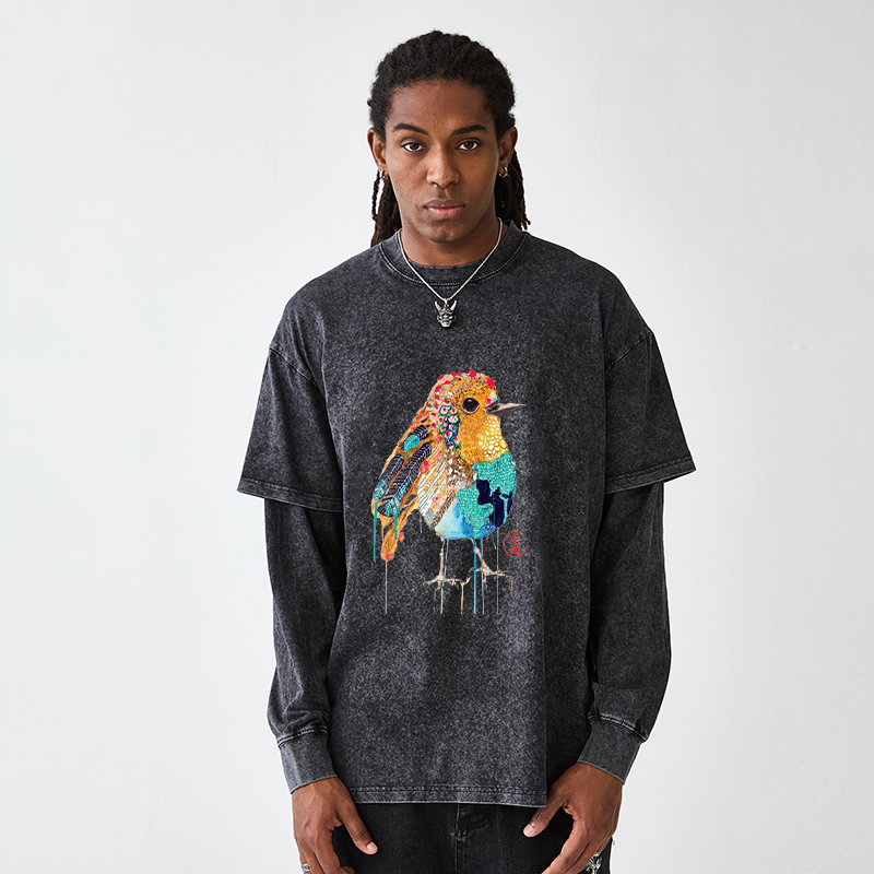 Tokyo-Tiger Sparkly Wild Bird Washed Double Layer T-Shirt