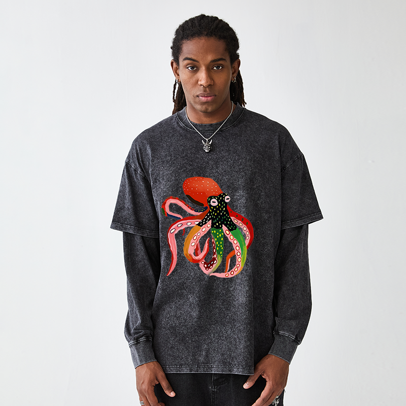 Tokyo-Tiger Colorful Octopus Art Washed Double Layer T-Shirt