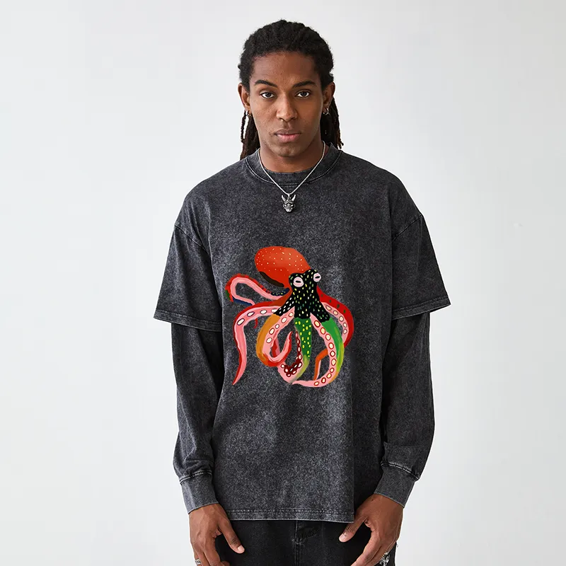 Tokyo-Tiger Colorful Octopus Art Washed Double Layer T-Shirt