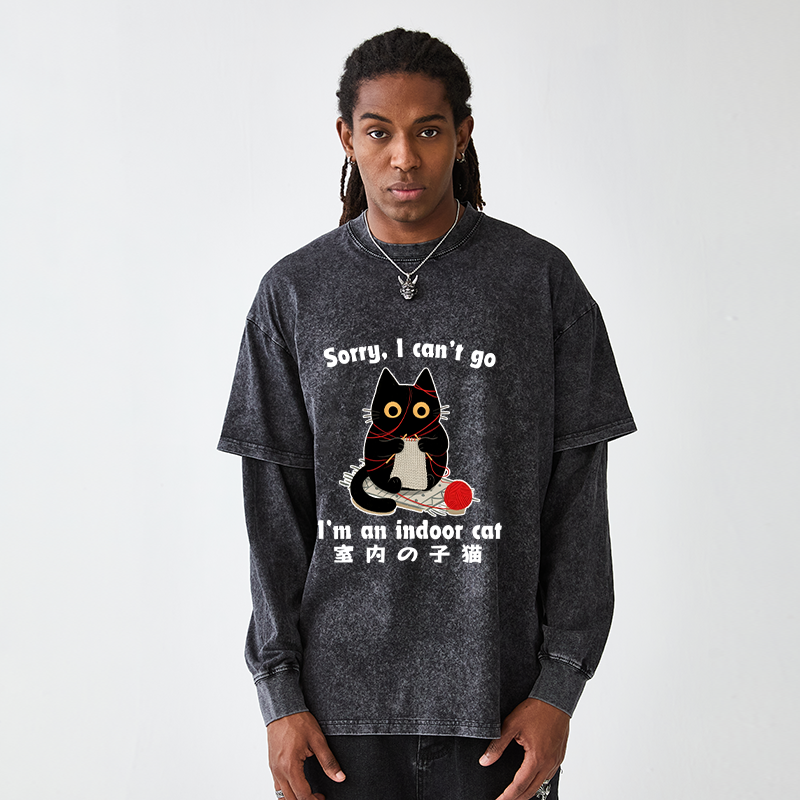 Tokyo-Tiger Indoor Cat Meme Washed Double Layer T-Shirt