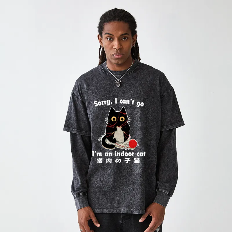 Tokyo-Tiger Indoor Cat Meme Washed Double Layer T-Shirt