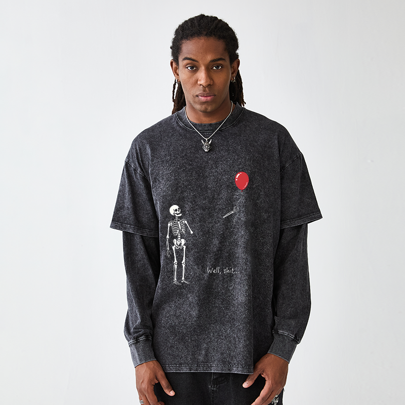 Tokyo-Tiger Skeleton Balloon Meme Washed Double Layer T-Shirt