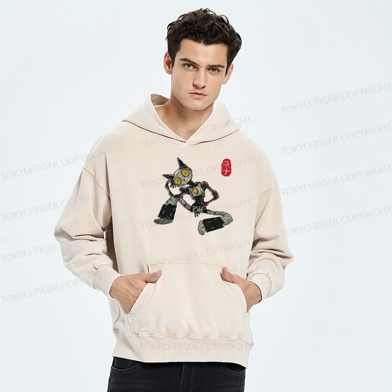 Tokyo-Tiger Contemplative Robot Cat Washed Hoodie