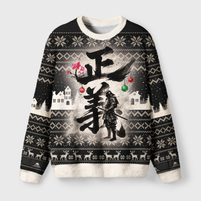 Tokyo-Tiger Justice Kanji Fuzzy Christmas Ugly Sweatshirt