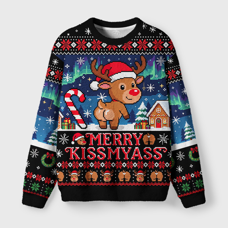 Tokyo-Tiger Funny Pixel Reindeer Fuzzy Christmas Ugly Sweatshirt