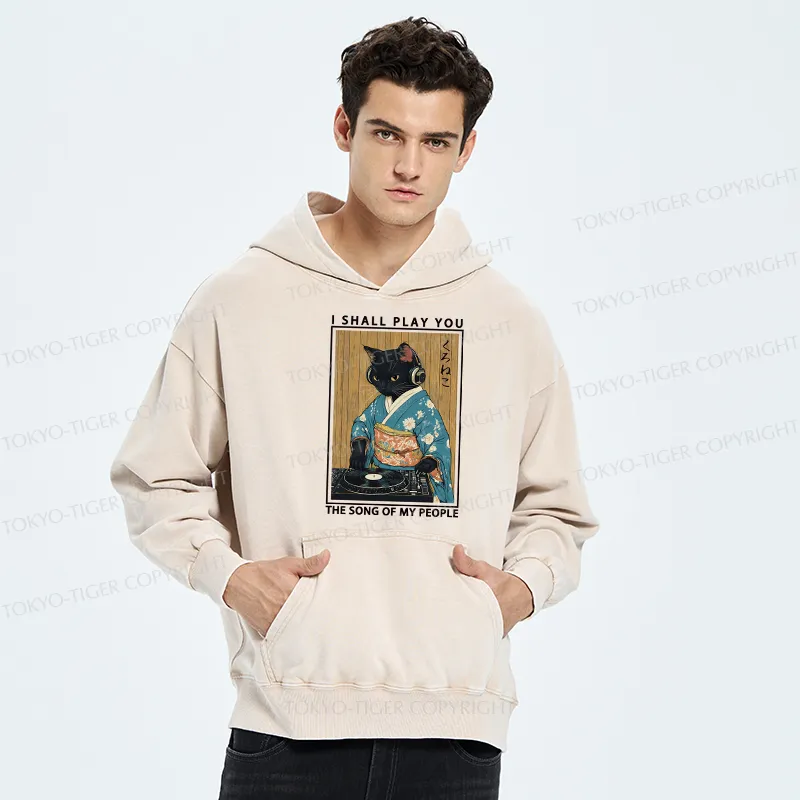 Tokyo-Tiger Funny Playing Music Black Cat Washed Hoodie