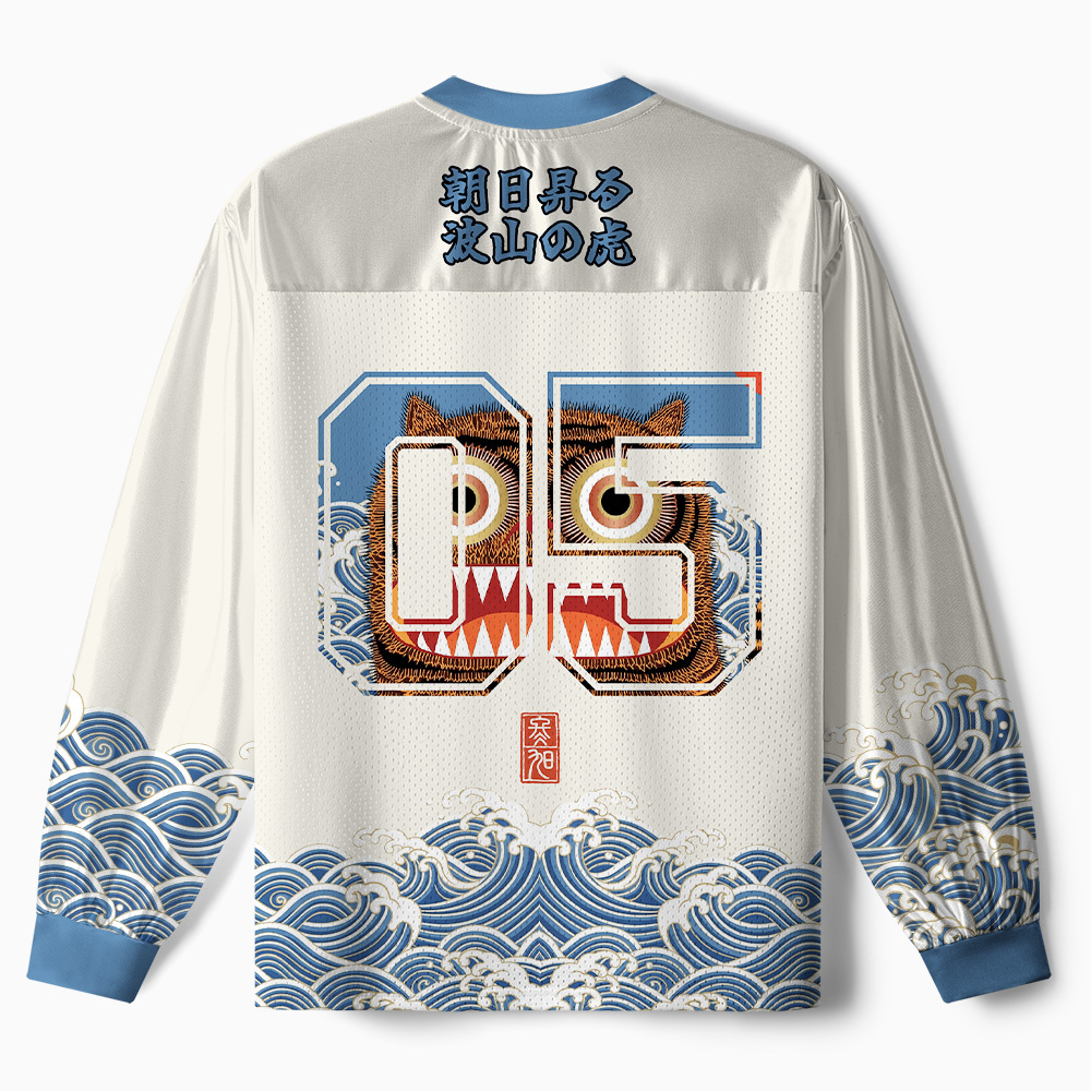 Tokyo-Tiger Folk Art Tiger Standing On Waves Paneled Long Sleeve Jersey