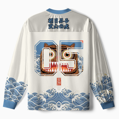 Tokyo-Tiger Folk Art Tiger Standing On Waves Paneled Long Sleeve Jersey