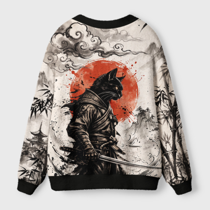 Tokyo-Tiger Retro Samurai Cat Ugly Cardigan Sweater