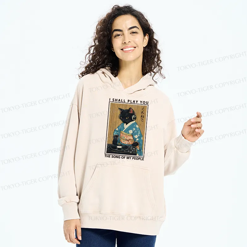 Tokyo-Tiger Funny Playing Music Black Cat Washed Hoodie