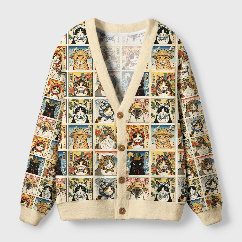 Tokyo-Tiger Ukiyo‑e Cats Collection Ugly Cardigan Sweater