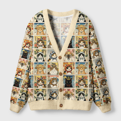 Tokyo-Tiger Ukiyo‑e Cats Collection Ugly Cardigan Sweater
