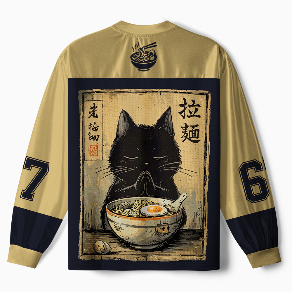 Tokyo-Tiger Happy Cat Eats Ramen Paneled Long Sleeve Jersey