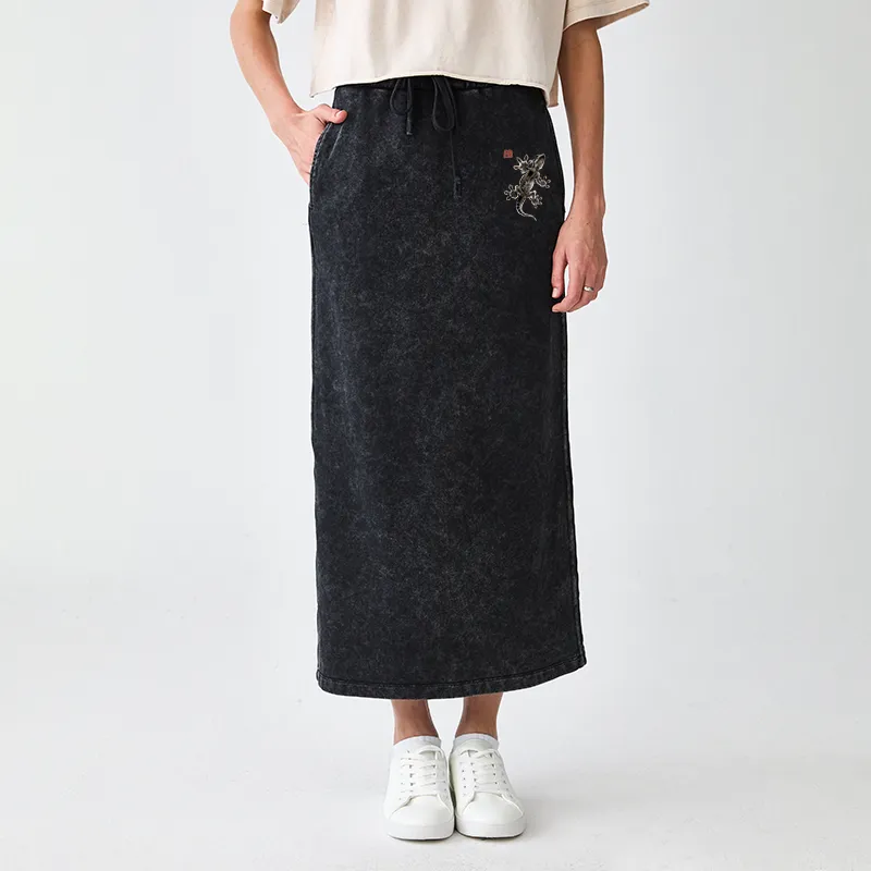 Tokyo-Tiger Minimal Asian Ink Brush Gecko Vibe Washed Terry Skirt