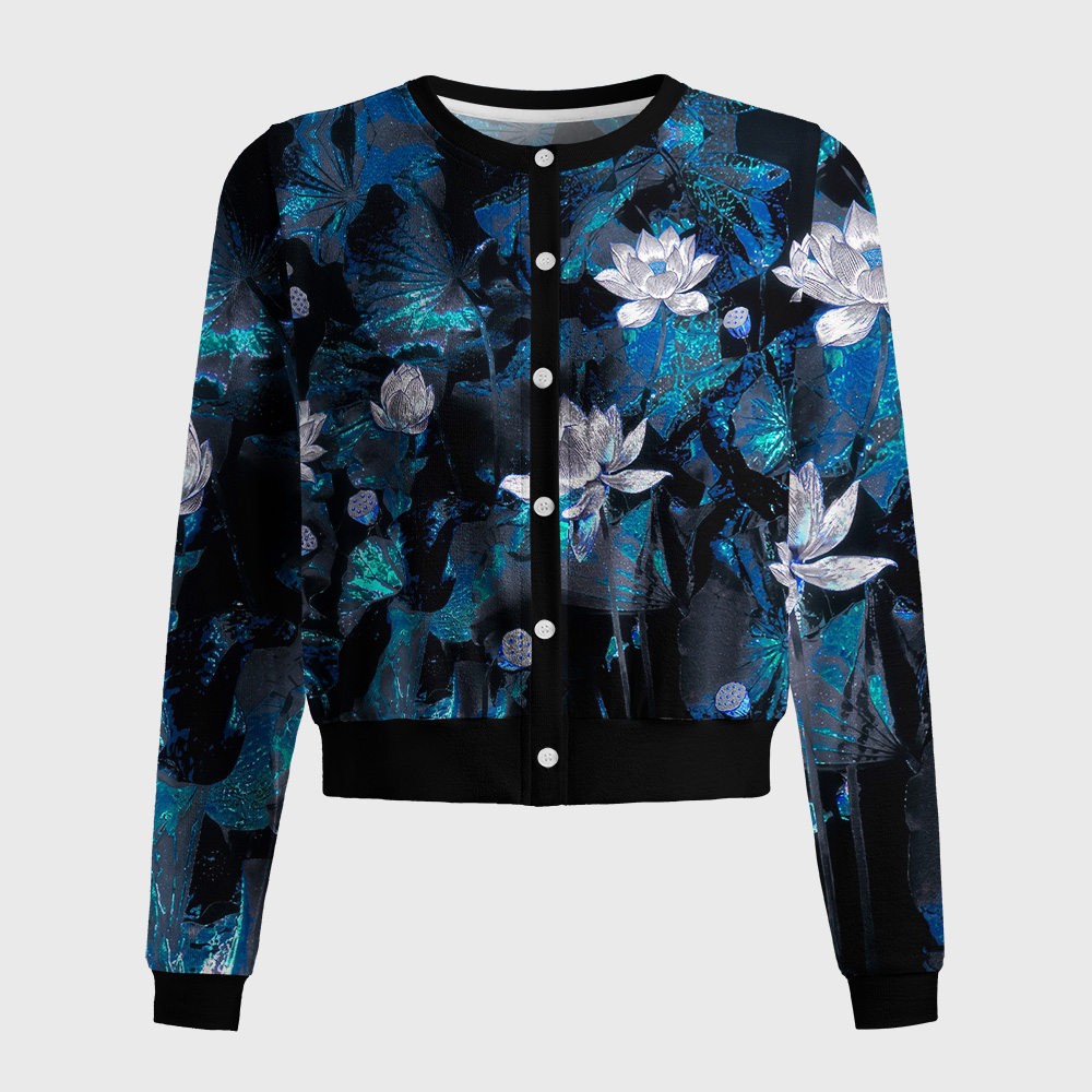 Tokyo-Tiger Dark Oriental Water Lily Floral Women's Lightweight Cardigan