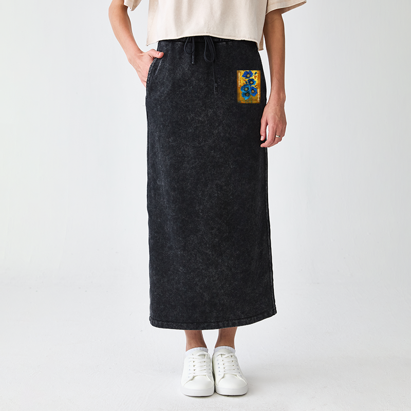 Tokyo-Tiger Shiny Blue Flower Warm Golden Background Washed Terry Skirt