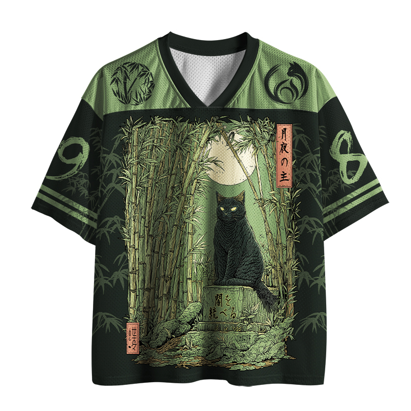 Tokyo-Tiger Japanese Ukiyo‑e Black Cat Bamboo Mesh Jersey