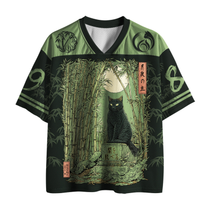 Tokyo-Tiger Japanese Ukiyo‑e Black Cat Bamboo Mesh Jersey