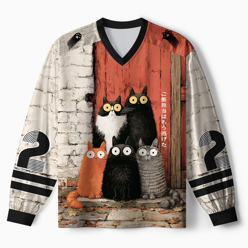 Tokyo-Tiger Five Cats Waiting For Dinner Paneled Long Sleeve Jersey