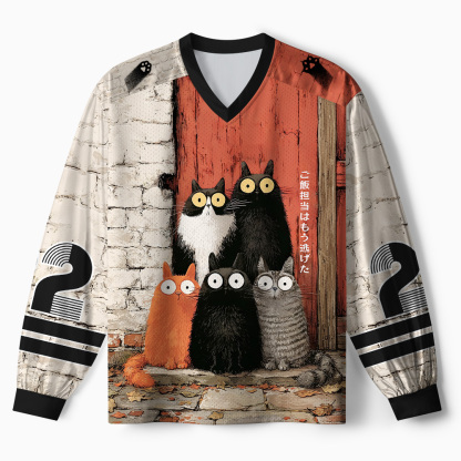 Tokyo-Tiger Five Cats Waiting For Dinner Paneled Long Sleeve Jersey