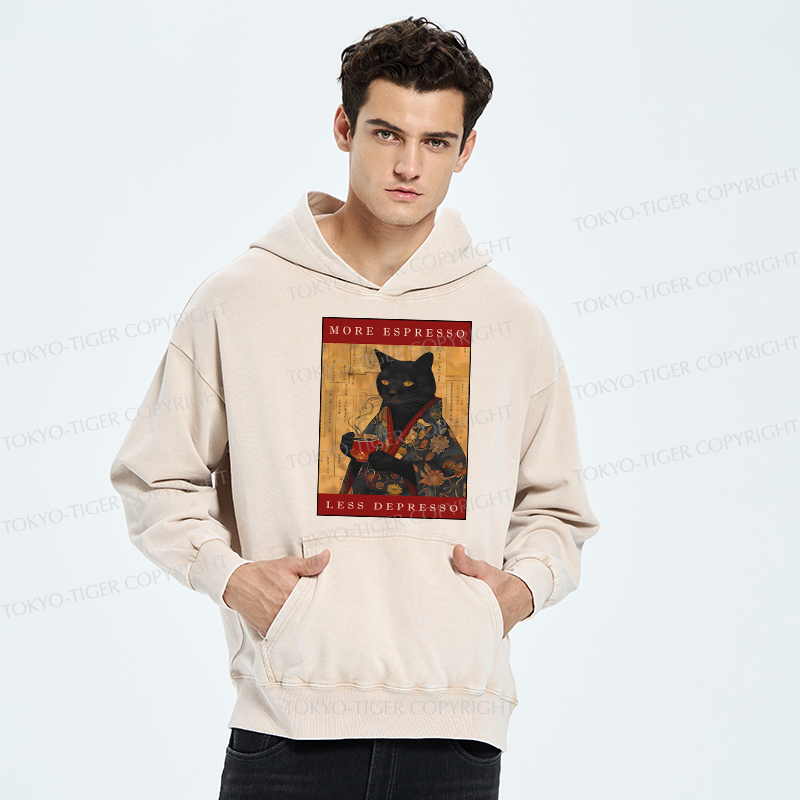 Tokyo-Tiger More Espresso Less Depresso Cat Washed Hoodie