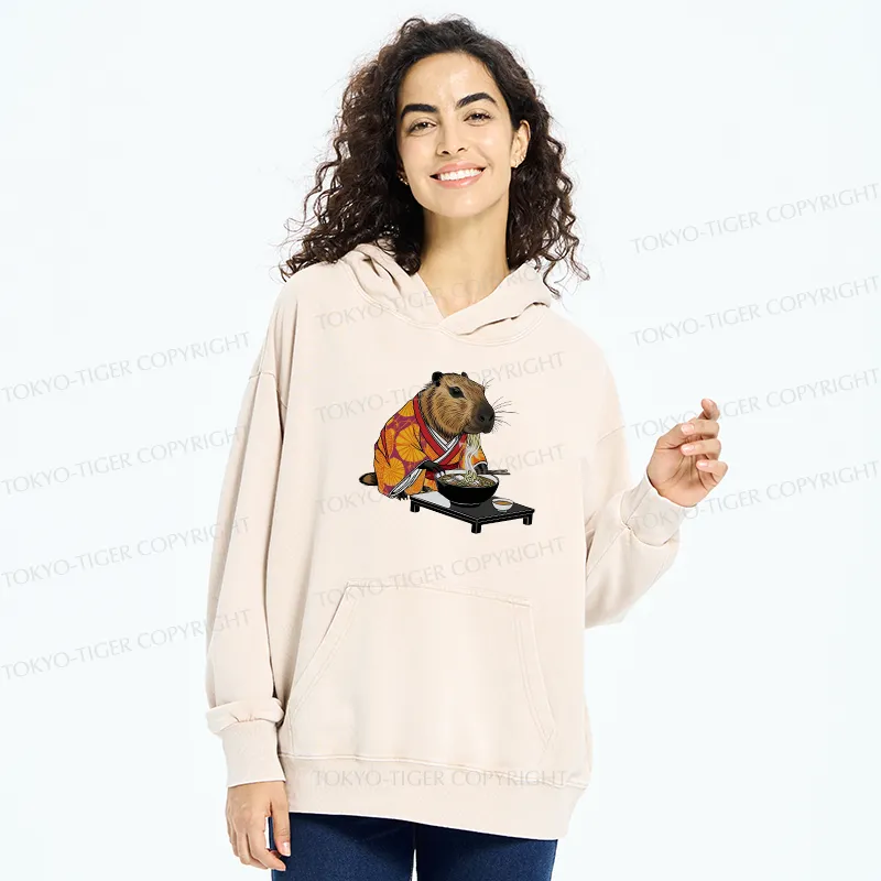 Tokyo-Tiger Cute Capybara Eating Ramen Washed Hoodie