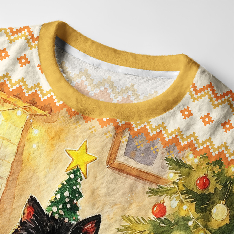 Tokyo-Tiger Christmas Cat Lights Fuzzy Christmas Ugly Sweatshirt