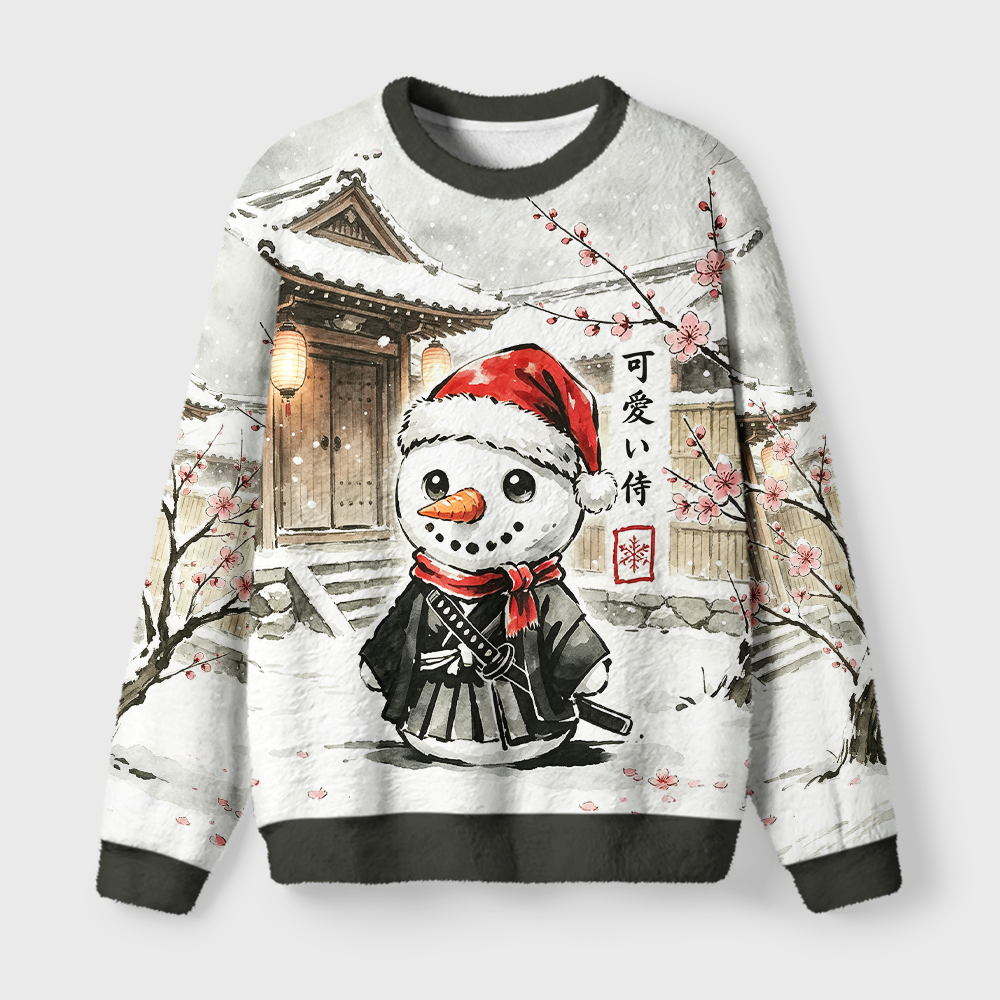 Tokyo-Tiger Samurai Snowman Fuzzy Christmas Ugly Sweatshirt