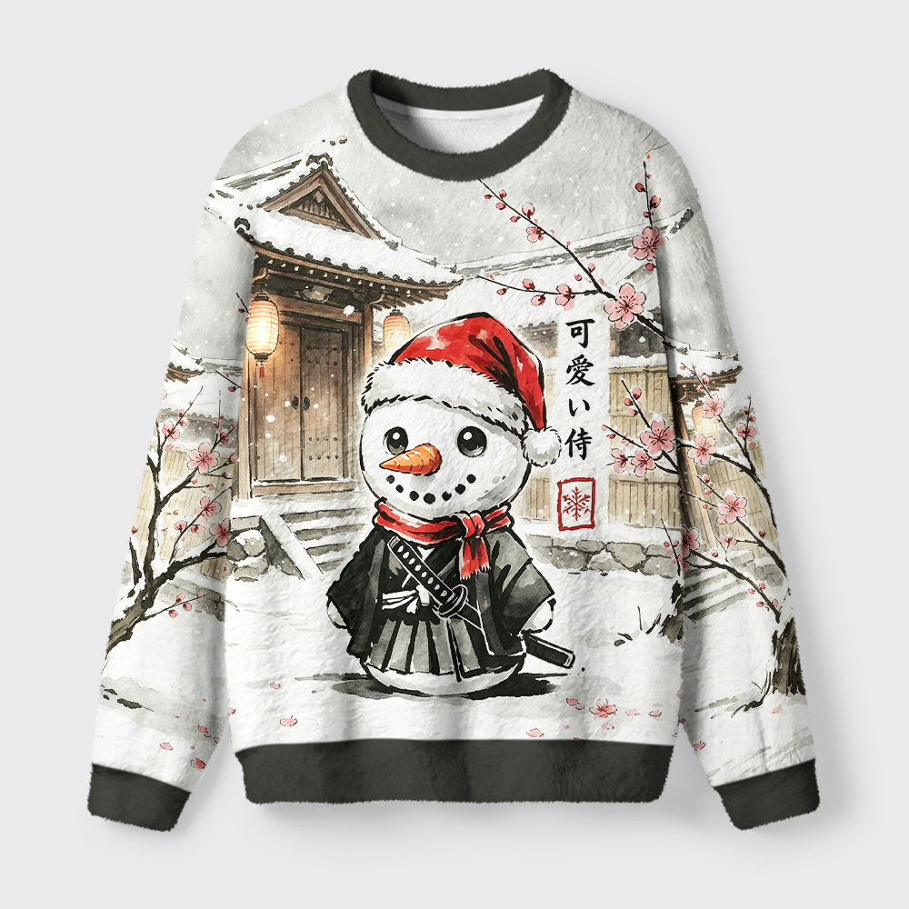 Tokyo-Tiger Samurai Snowman Fuzzy Christmas Ugly Sweatshirt