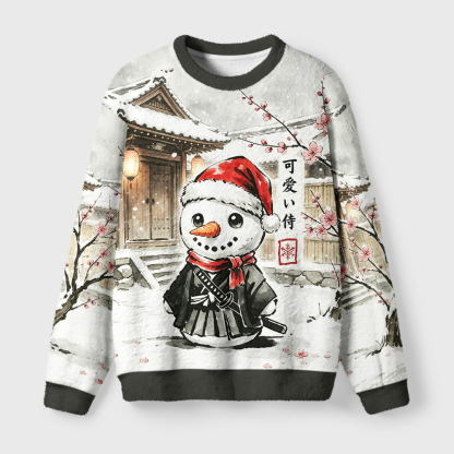 Tokyo-Tiger Samurai Snowman Fuzzy Christmas Ugly Sweatshirt