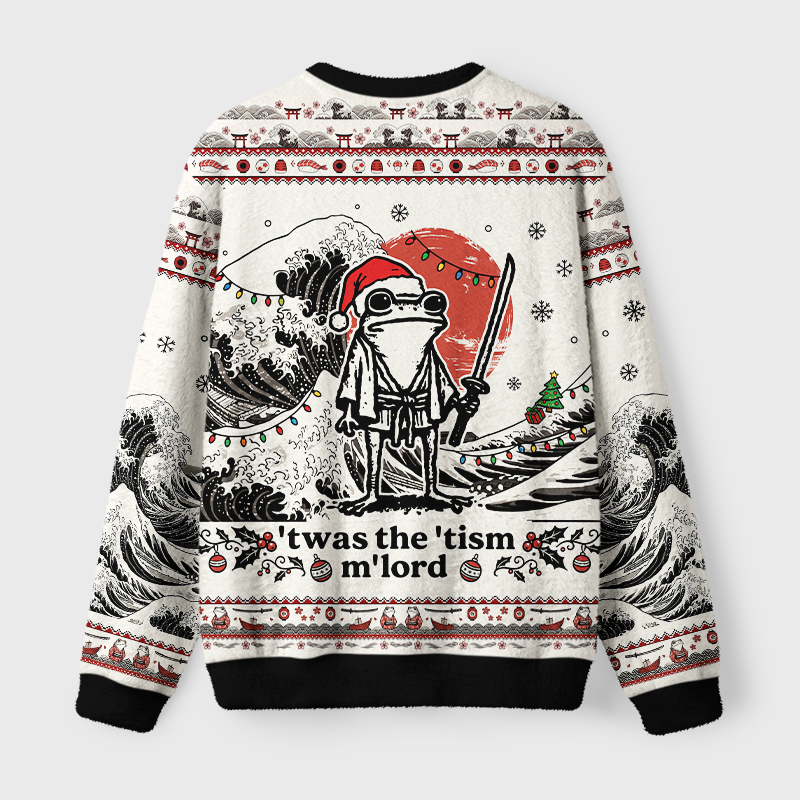 Tokyo-Tiger Focused Samurai Frog Fuzzy Christmas Ugly Sweatshirt