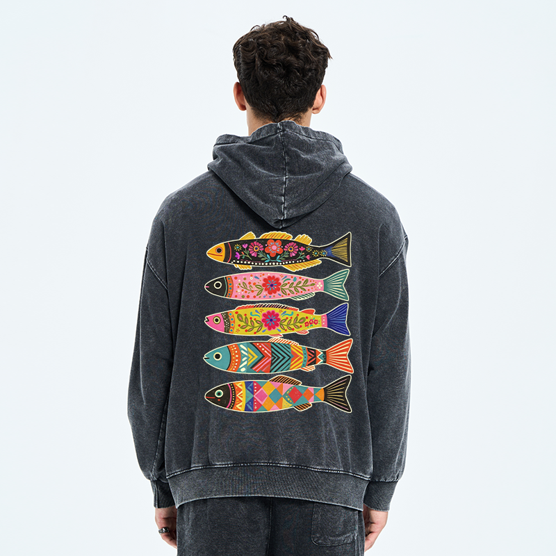 Tokyo-Tiger Colorful Patterned Fish Washed Zip Hoodie