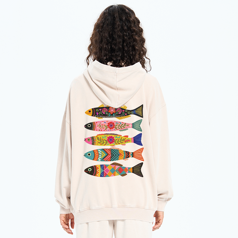 Tokyo-Tiger Colorful Patterned Fish Washed Zip Hoodie