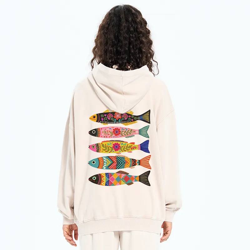 Tokyo-Tiger Colorful Patterned Fish Washed Zip Hoodie