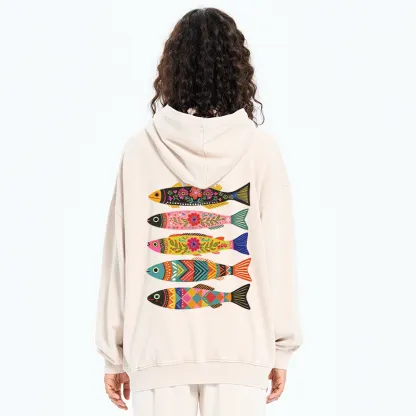 Tokyo-Tiger Colorful Patterned Fish Washed Zip Hoodie