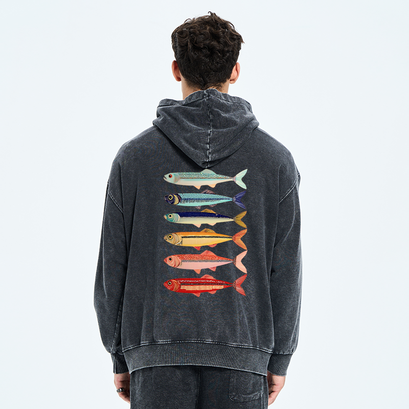 Tokyo-Tiger Colorful Fish Stack Washed Zip Hoodie
